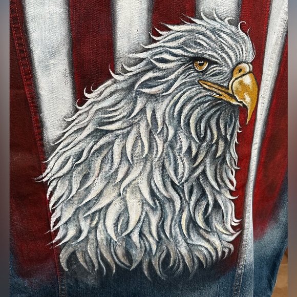 Levi’s Men’s sz XL denim jean jacket handpainted American Eagle Flag July 4th - Picture 4 of 9